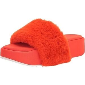 Nine‎ West Women's Platform Rize Flat Sandal Slipper Orange Fauz Fur Size 9M